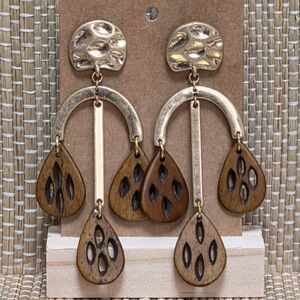 Handmade Chandelier Earrings with Bright Brass and Brown Teardrops